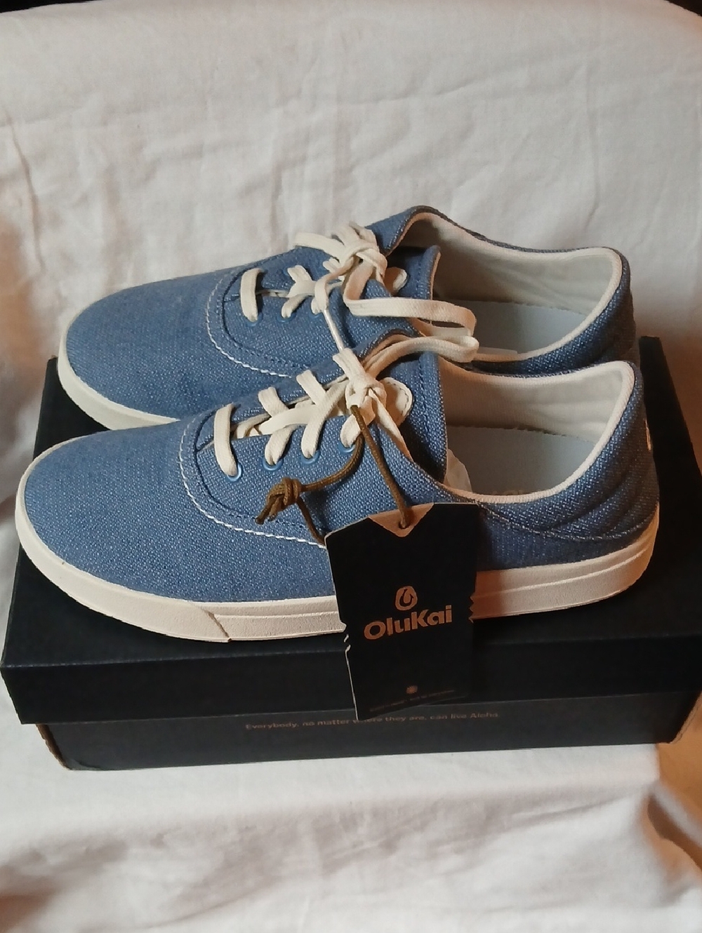 OluKai Women's Blue Canvas Low-Top Sneakers with Cream Laces